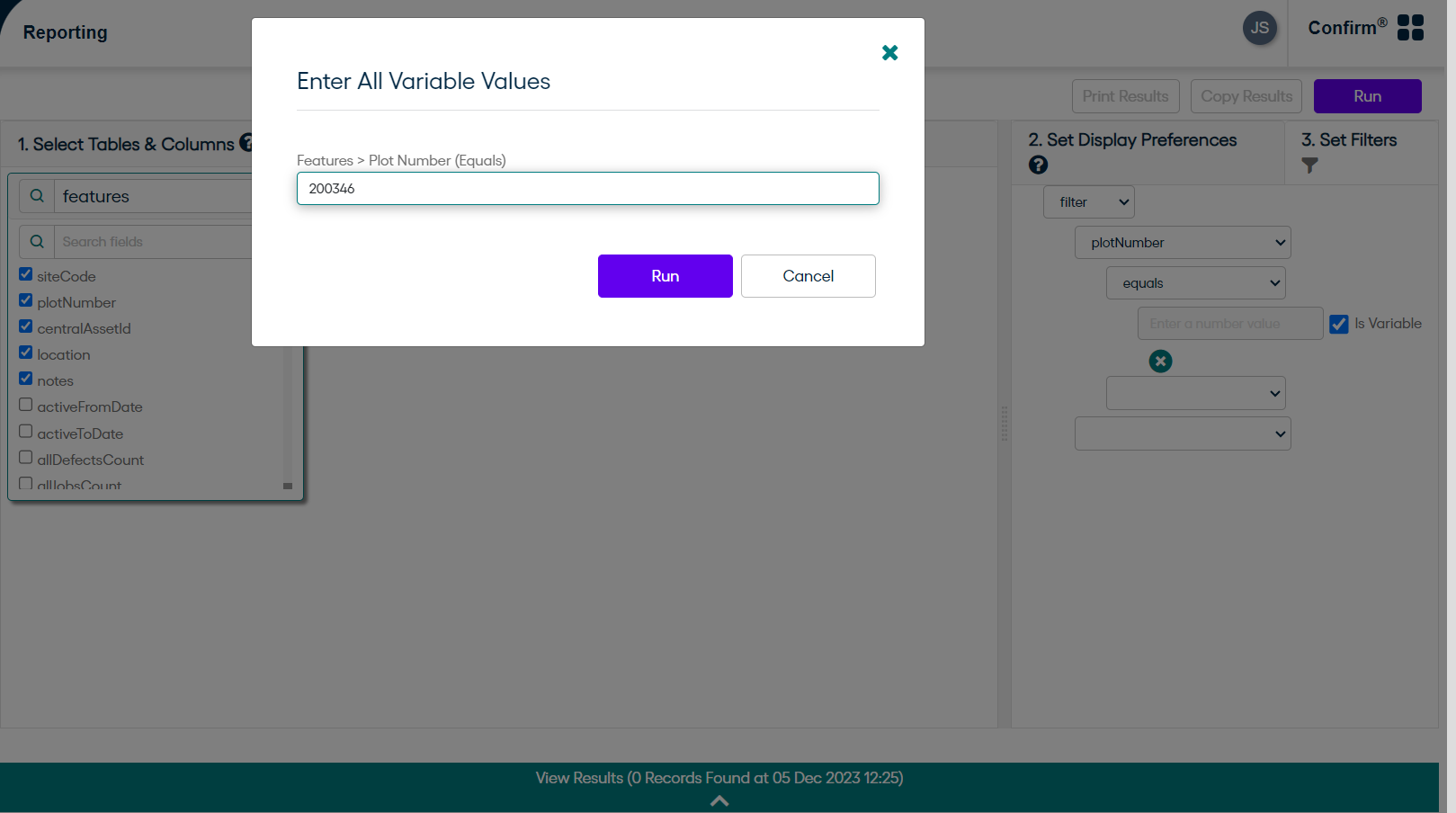 This screen displays displayes prompt to user for the entities which are set as variables before running report.